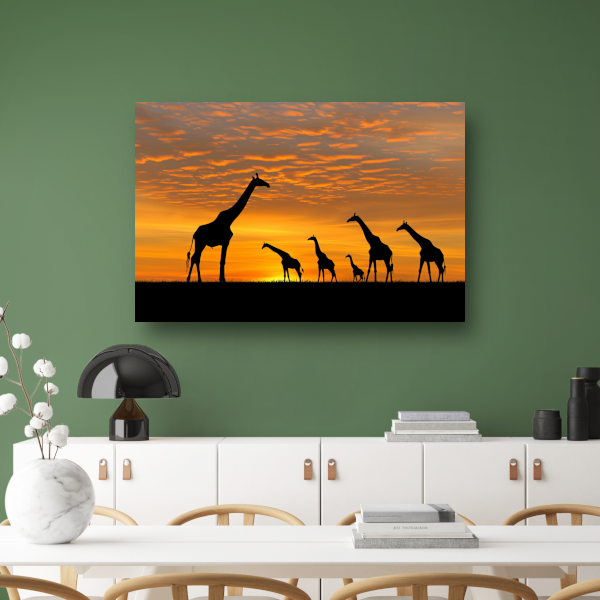 Silhouetgiraffes Zonsondergang Savanne canvas