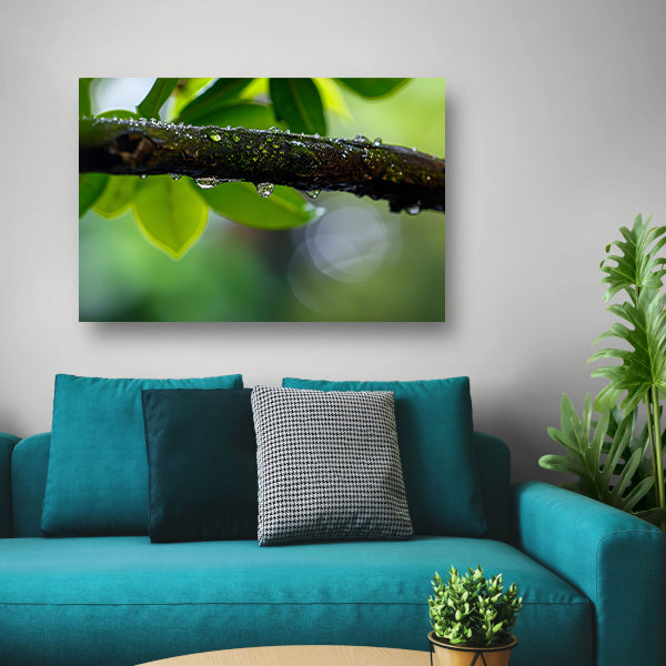 Natte tak met dauwdruppels in focus poster