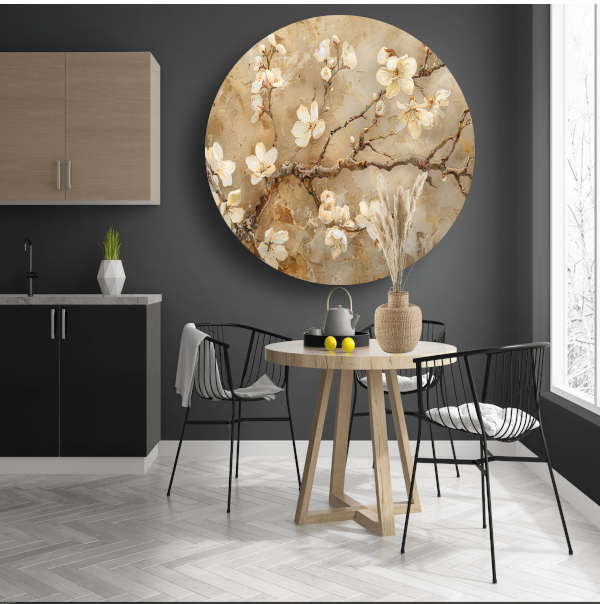 Klassieke Bloesem op Textuurrijke Sepia Achtergrond aluminium muurcirkel
