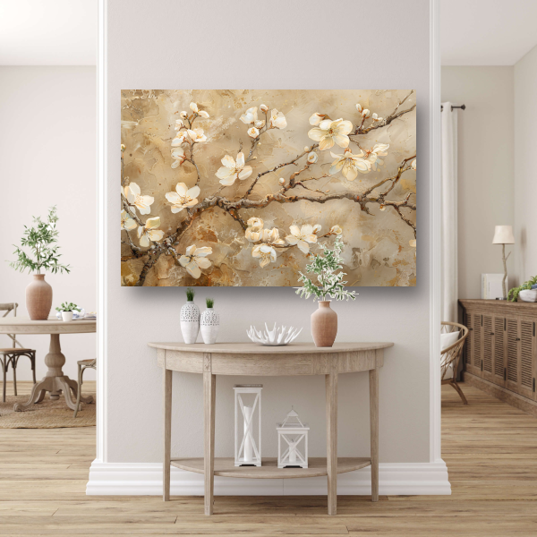 Klassieke Bloesem op Textuurrijke Sepia Achtergrond canvas met baklijst
