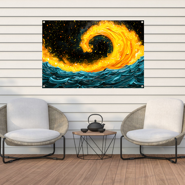 Abstracte schildering van vuur en water tuinposter
