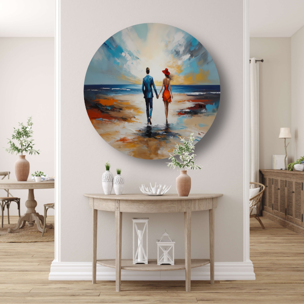 Romantische Strandwandeling met Kleurrijk Paar forex muurcirkel