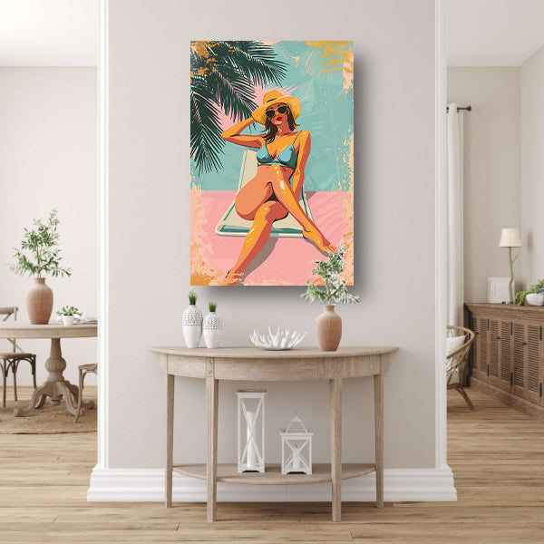 Vrouw in tropisch zonlicht met retrostijl acrylglas