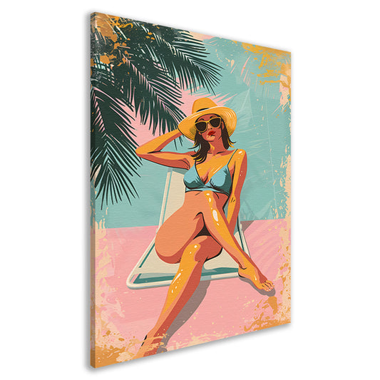 Vrouw in tropisch zonlicht met retrostijl canvas