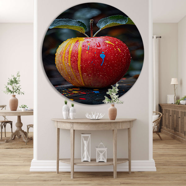 Rode appel met Abstract verfspatten aluminium muurcirkel