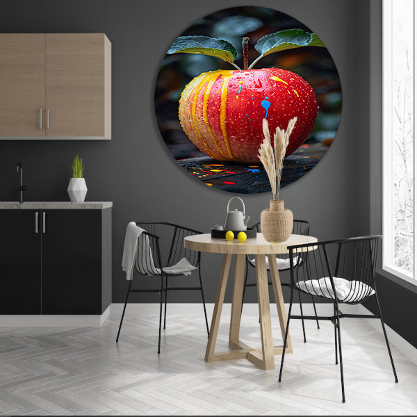 Rode appel met Abstract verfspatten aluminium muurcirkel