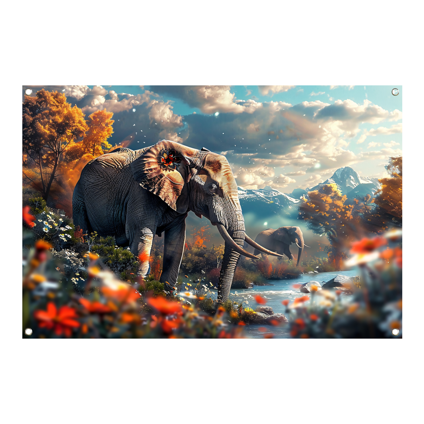 Olifanten bij de rivier tuinposter