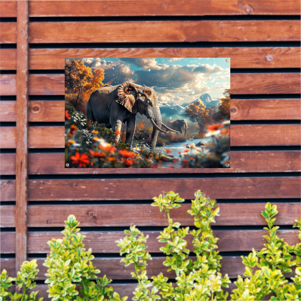 Olifanten bij de rivier tuinposter