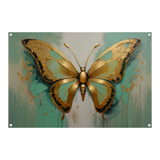 Gouden vlinder op lichtgroene olieverfachtergrond tuinposter