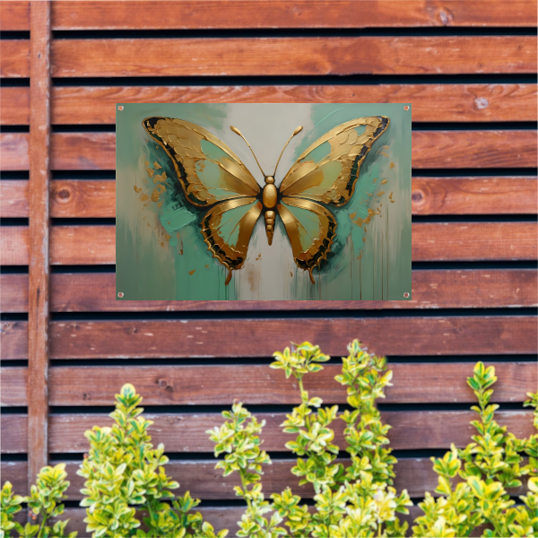 Gouden vlinder op lichtgroene olieverfachtergrond tuinposter