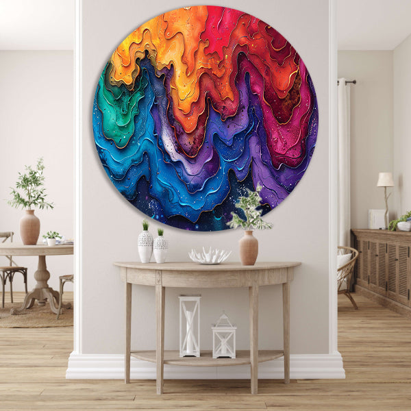 Abstract golven in blauw en wit aluminium muurcirkel