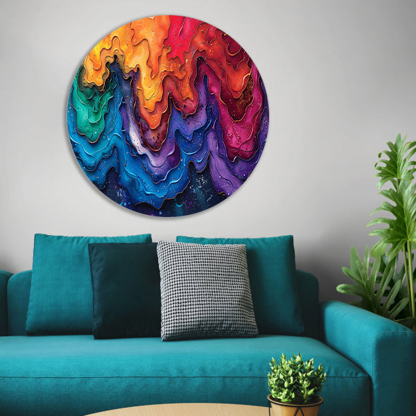 Abstract golven in blauw en wit aluminium muurcirkel