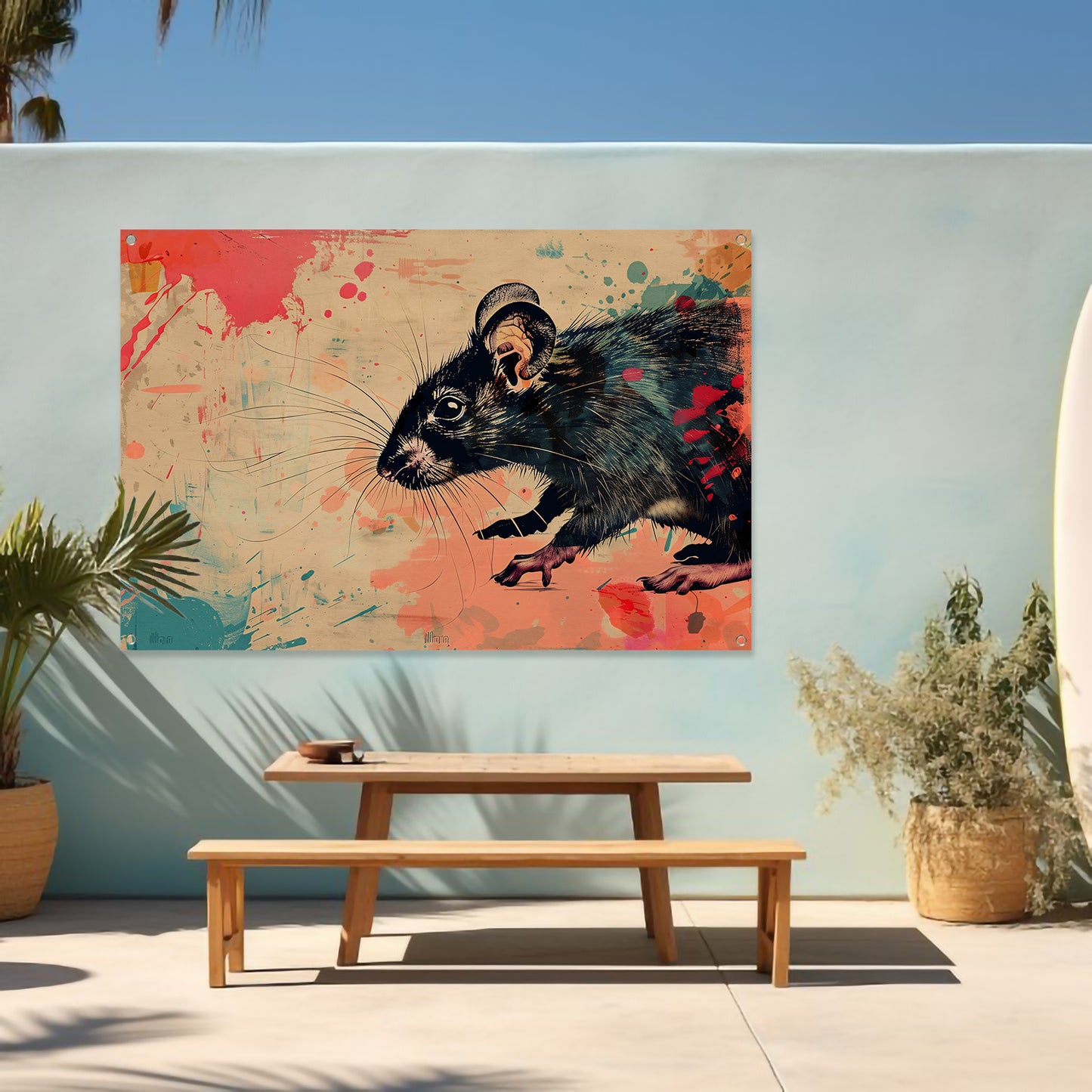 Expressieve rat in kleurrijke abstractie tuinposter