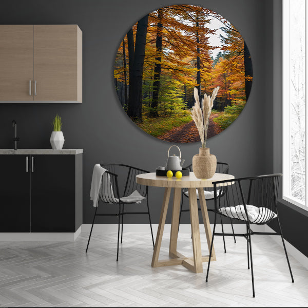 Betoverend herfstbos met kleurrijke bladeren aluminium muurcirkel
