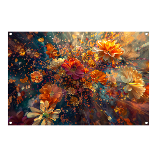 Levendige kleurenexplosie van bloemen in kunst tuinposter