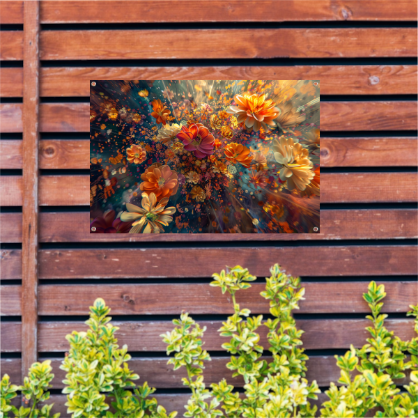 Levendige kleurenexplosie van bloemen in kunst tuinposter