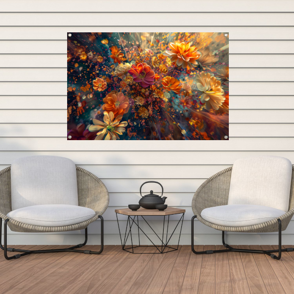 Levendige kleurenexplosie van bloemen in kunst tuinposter