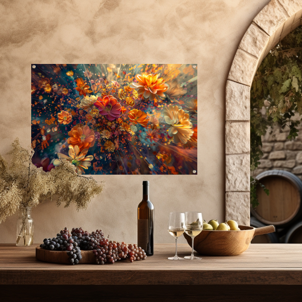 Levendige kleurenexplosie van bloemen in kunst tuinposter