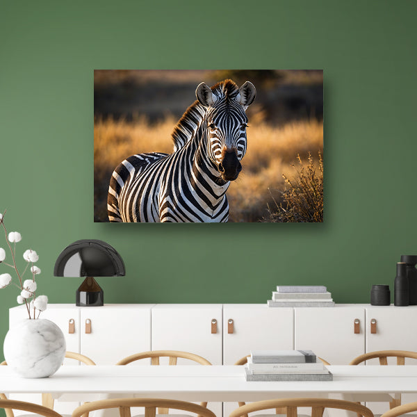 Zebra in natuurlijke omgeving bij zonsondergang poster