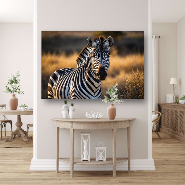 Zebra in natuurlijke omgeving bij zonsondergang poster