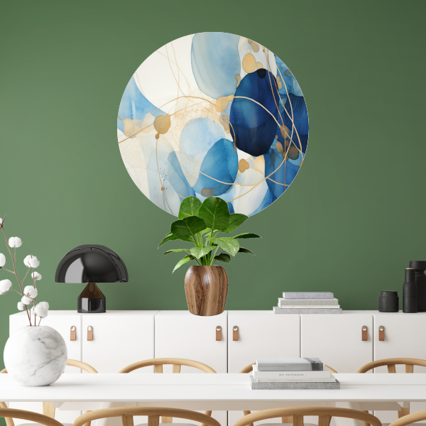 Abstracte Blauw en Goud Waterverf aluminium muurcirkel