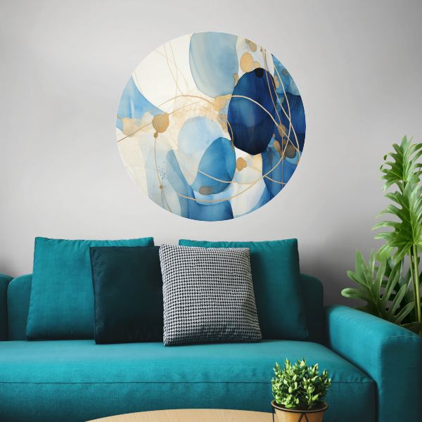Abstracte Blauw en Goud Waterverf aluminium muurcirkel