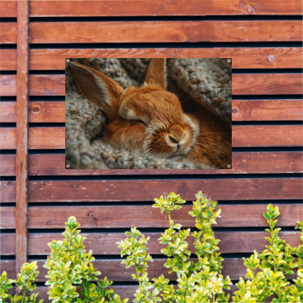 Slapend konijn in warme gebreide deken tuinposter