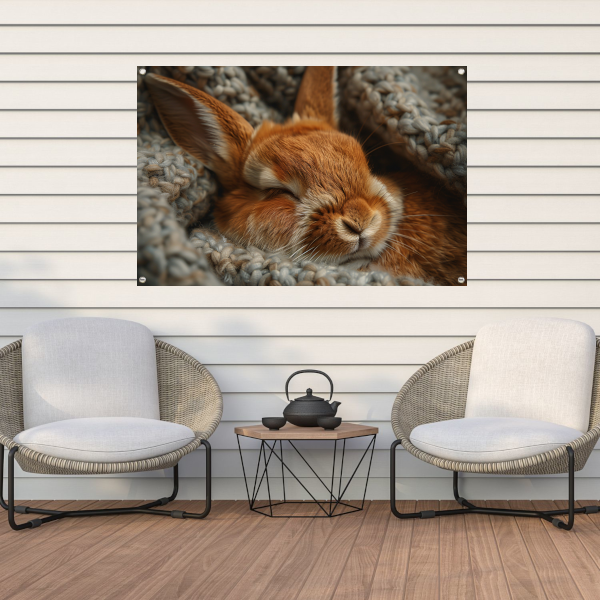 Slapend konijn in warme gebreide deken tuinposter