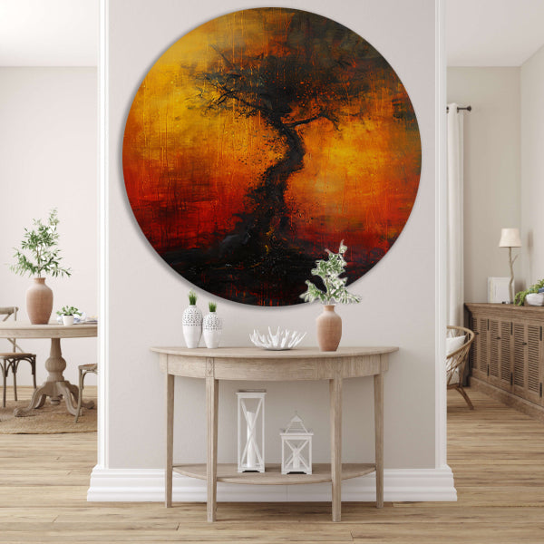 Abstracte Boom omgeven door Vurige Kleuren aluminium muurcirkel