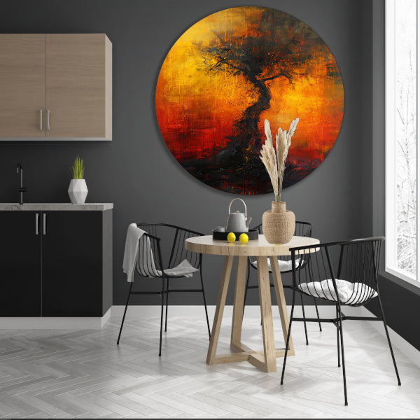Abstracte Boom omgeven door Vurige Kleuren aluminium muurcirkel