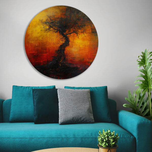 Abstracte Boom omgeven door Vurige Kleuren aluminium muurcirkel