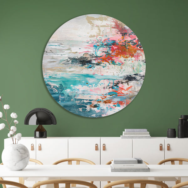 Abstract schilderij van strand in heldere kleuren aluminium muurcirkel