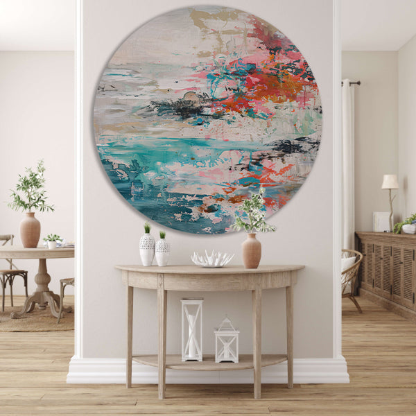Abstract schilderij van strand in heldere kleuren forex muurcirkel