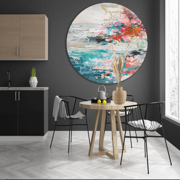 Abstract schilderij van strand in heldere kleuren aluminium muurcirkel