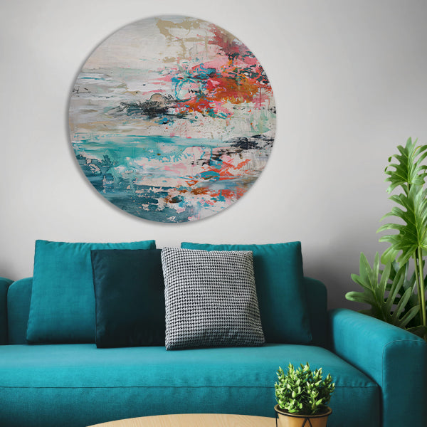 Abstract schilderij van strand in heldere kleuren forex muurcirkel