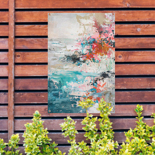 Abstract schilderij van strand in heldere kleuren tuinposter