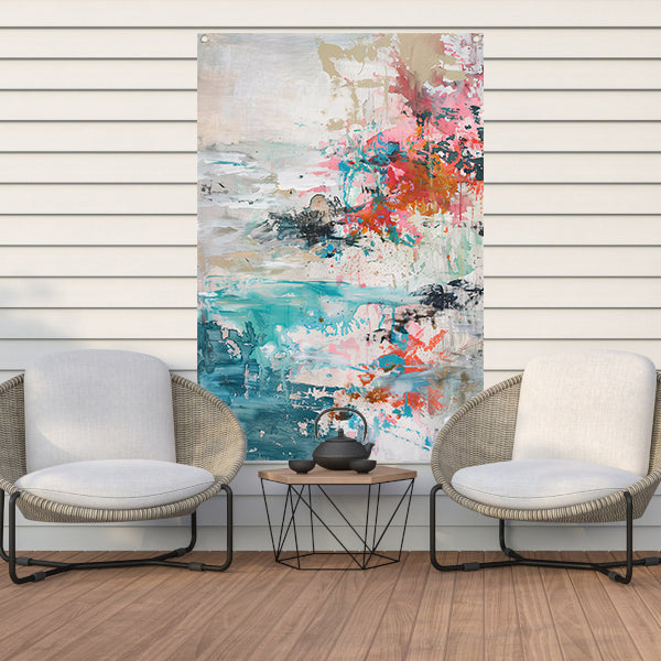Abstract schilderij van strand in heldere kleuren tuinposter