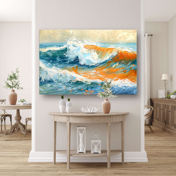 Kleurrijke golvende zee schilderij met dynamiek canvas