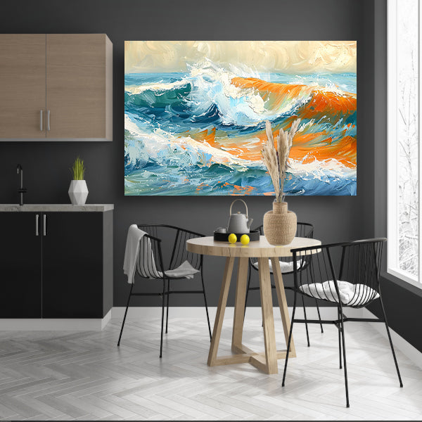Kleurrijke golvende zee schilderij met dynamiek canvas