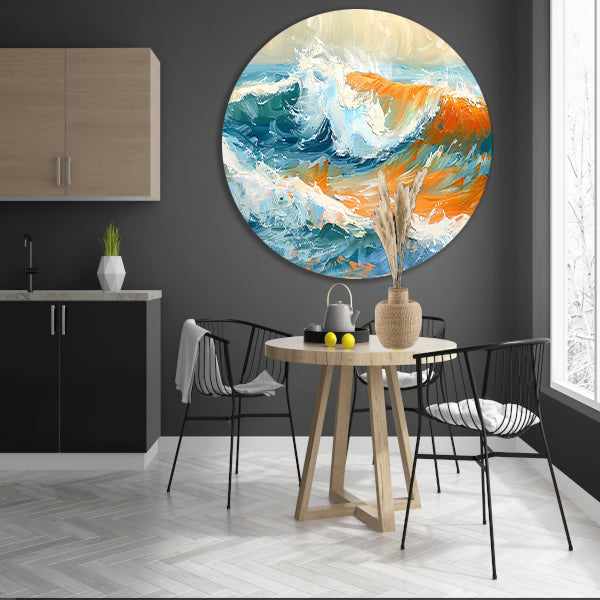 Kleurrijke golvende zee schilderij met dynamiek aluminium muurcirkel