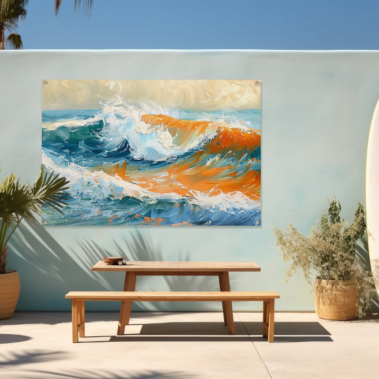 Kleurrijke golvende zee schilderij met dynamiek tuinposter