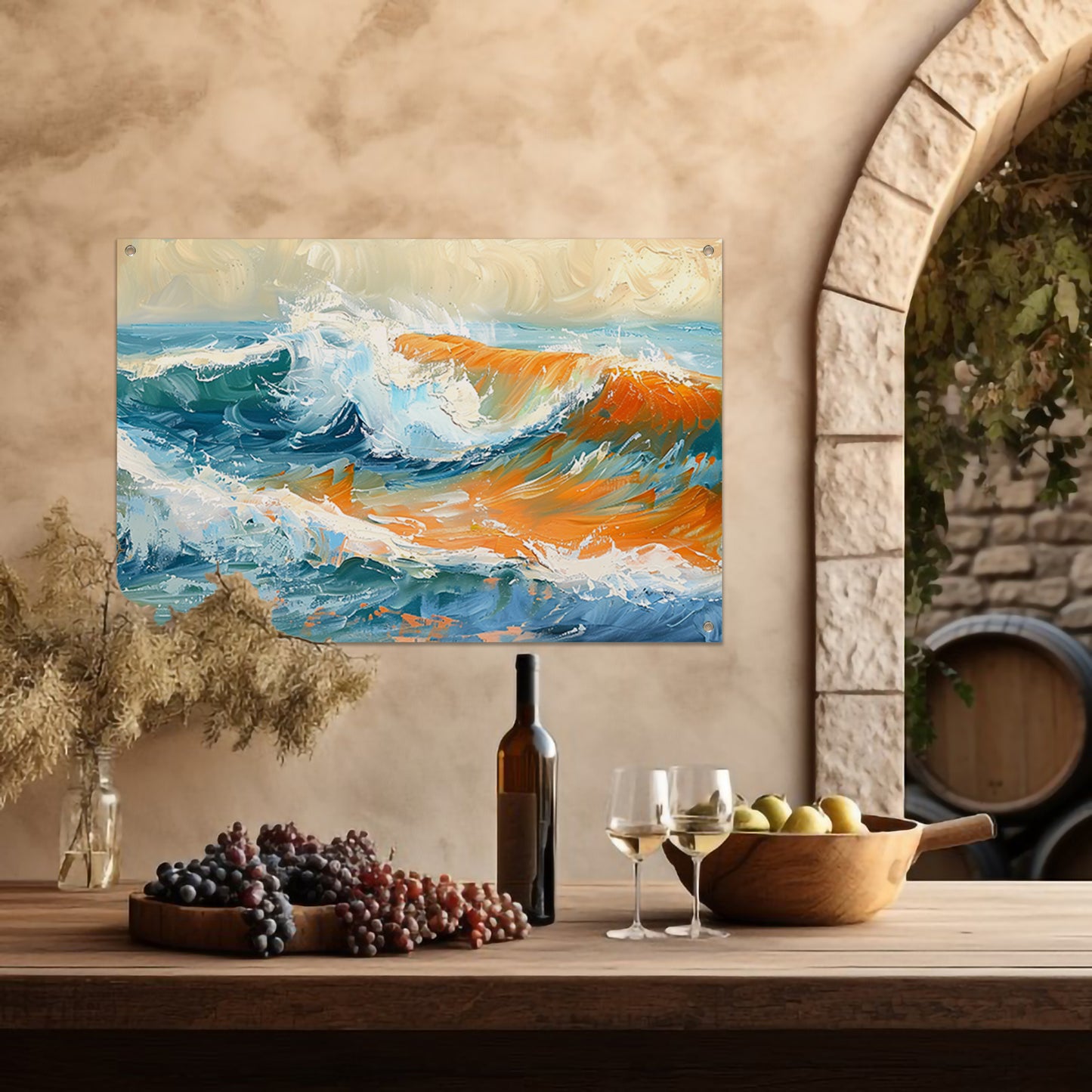 Kleurrijke golvende zee schilderij met dynamiek tuinposter