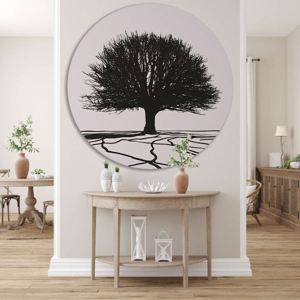 Boom silhouet met wortels in contrast aluminium muurcirkel