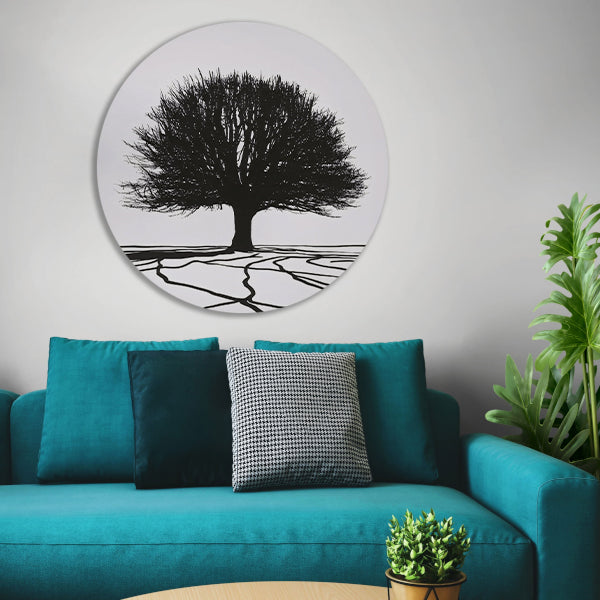 Boom silhouet met wortels in contrast aluminium muurcirkel