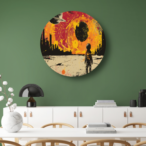 Futuristische skyline en astronaut verkenner aluminium muurcirkel
