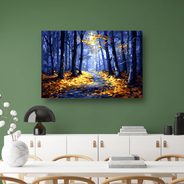 Kleurrijk herfstbos met zonlicht canvas met baklijst