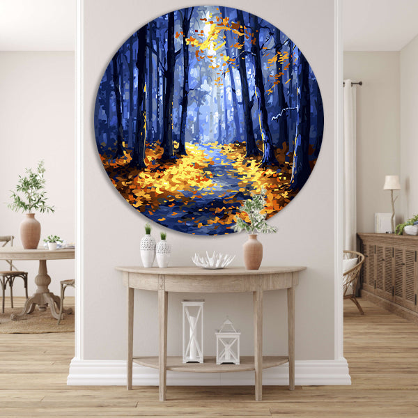 Kleurrijk herfstbos met zonlicht aluminium muurcirkel