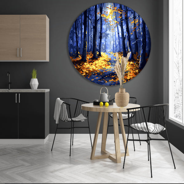 Kleurrijk herfstbos met zonlicht forex muurcirkel