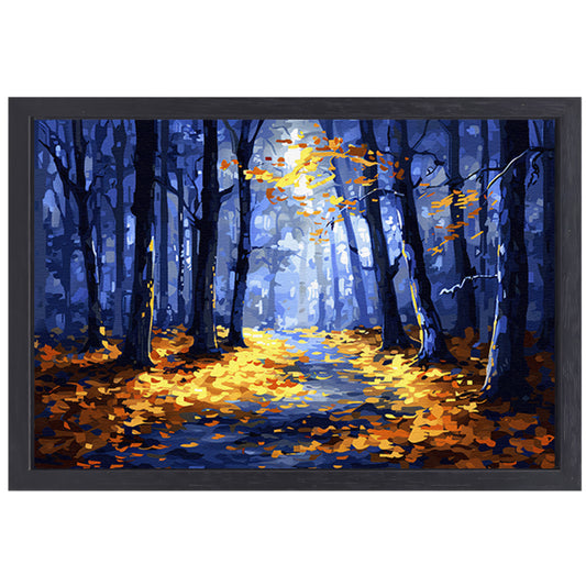 Kleurrijk herfstbos met zonlicht canvas met baklijst
