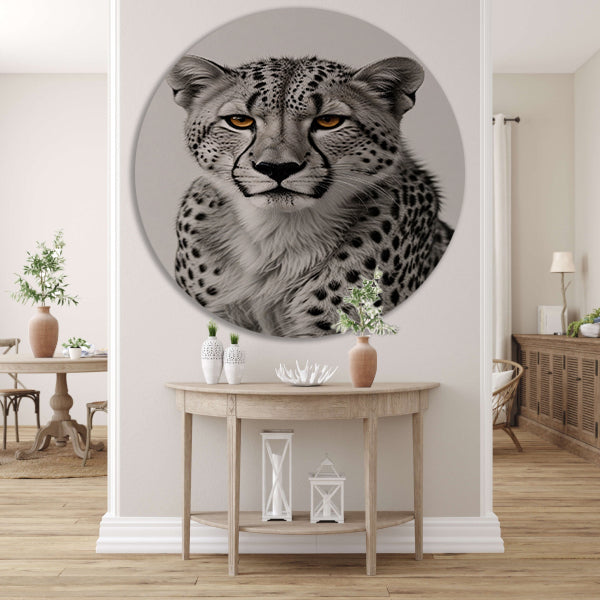 De doordringende blik van een cheeta aluminium muurcirkel